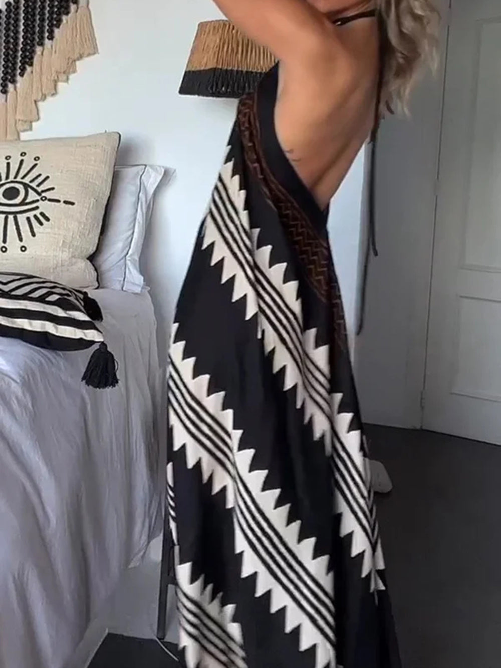Back view of printed halter maxi dress