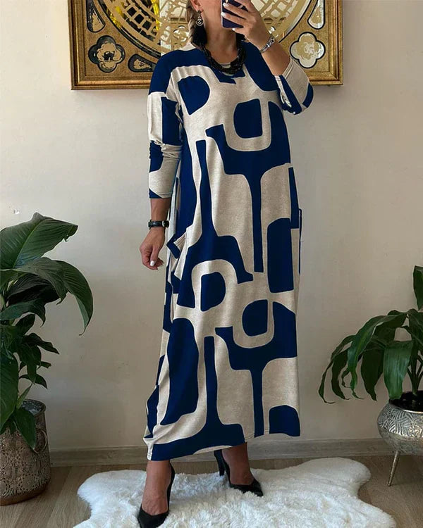 Side angle of abstract print dress