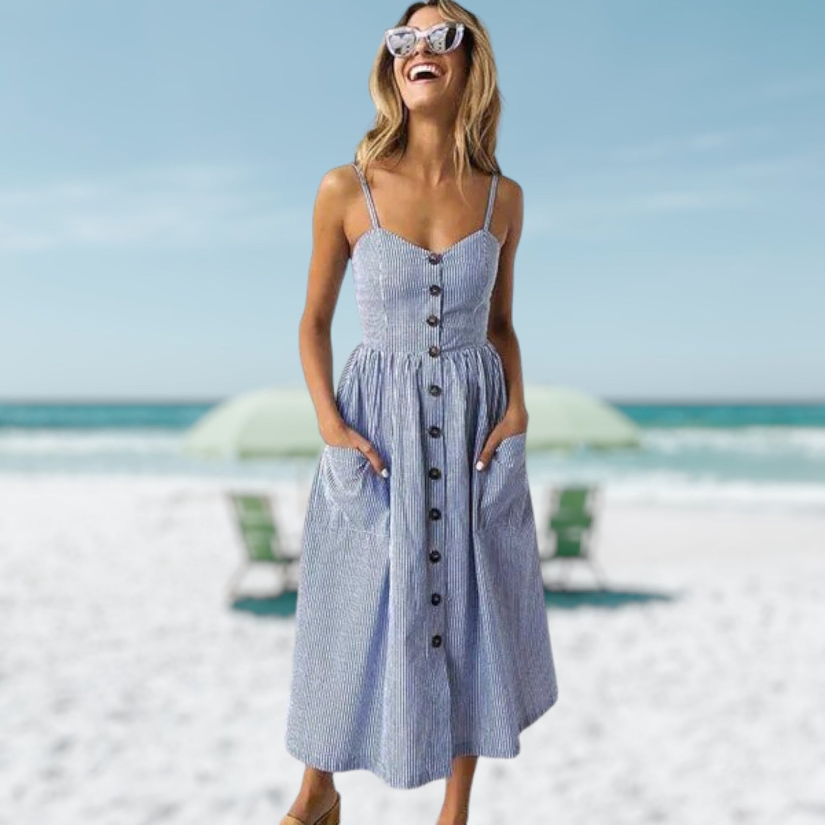 Striped midi dress front beach view