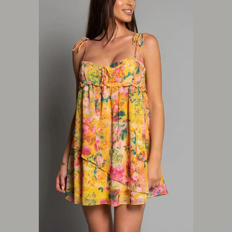 Yellow floral mini dress front view