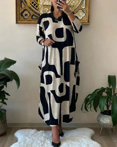 Abstract print long sleeve maxi dress front view