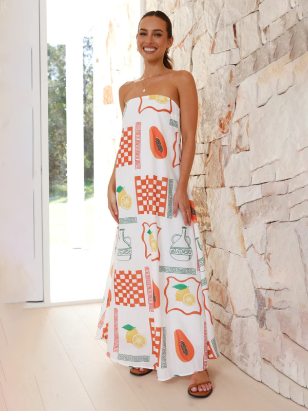 White strapless printed maxi dress front view